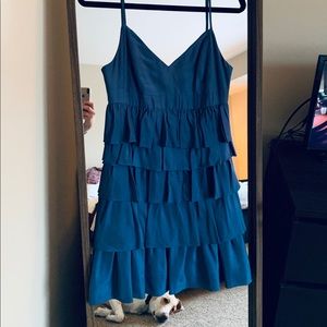 Blue Silk Tiered Ruffle Dress